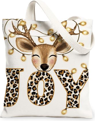 Generic Joyful Deer Canvas Tote Bags, Festive Animal Print Reusable Bags, Winter Rustic Lightweight Washable Shoulder Strap Canvas, White, 13x15 Inch