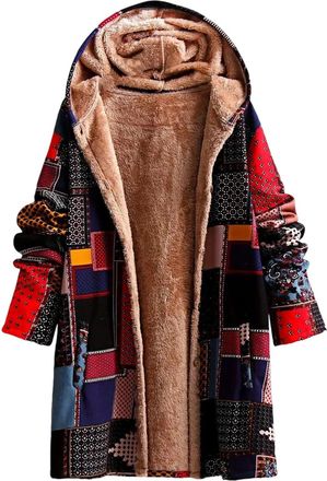 Generic Chunky Cardigans For Women Uk Patchwork Print Fleece Lined Jacket Thermal Lounge Wear Hooded Coat Boho Style Long Sleeve Button Front Ladies Long Card