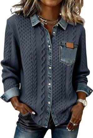 Generic Womens Retro Knitted Denim Shirt Autumn and Winter, Patchwork Jean Trim Long Sleeve Collared Button Placket Casual Top (Blue,3XL)
