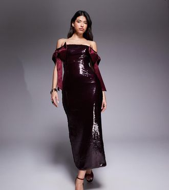 KAIIA Esclusiva Kaiia - Vestito lungo bordeaux con fiocchi oversize, paillettes e spalle scoperte-Rosso