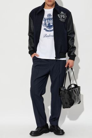 Balmain Striped Pattern Trousers, Mens, Navy Blue