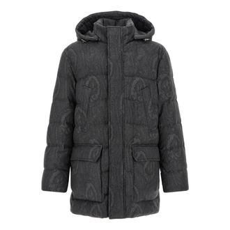 Etro Wollen donsjack met capuchon en Arnica-motief - Heren - Jassen - Grijs - Maat: L Wol