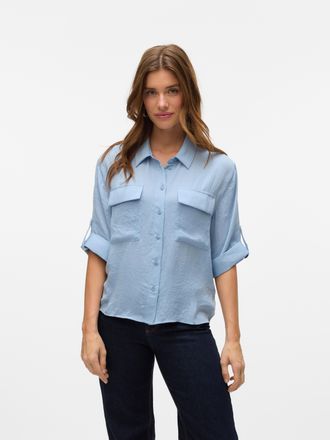 Vero Moda Kurzarmbluse VERO MODA VMFABIANA 3/4 SHIRT VMA NOOS, Damen, Gr. XS, blau (dusty blau), Web, Obermaterial: 100% Polyester, unifarben, relaxed fit h&uuml;ftb