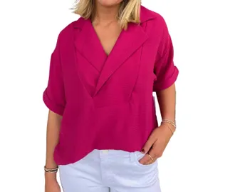 Tribal Lapel Collar V-Neck Short Sleeve Shirt In Bright Gardenia