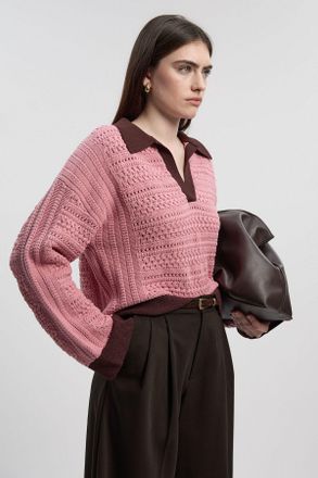 Karen Millen Womens Cotton Contrast Tipping Collared V Neck Knitted Jumper - Pink - Size X-Small