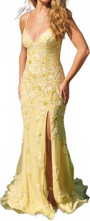 Faviana Floral Beaded Appliqu&eacute; V-Neck Maxi Dress In Light Yellow