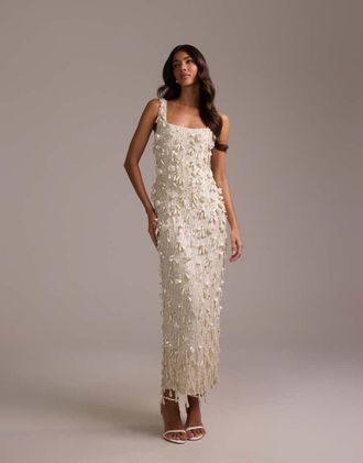 Asos Vestito lungo color avorio con scollo squadrato tempestato di perle e frange con perline-Bianco