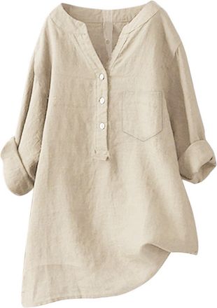 Generic Womens T-Shirt Cotton Long Sleeve - Linen Blouse Womens Summer White Oversize - Womens Blouses Elegant Wrinkle-Free Large Sizes Tops Plain Stand-Up Co