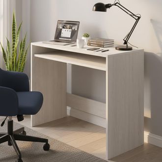 Dmora Escritorio Dmachi, Escritorio Lineal Con Balda Fija, Mesa De Estudio U Oficina Para Pc, 79x43h87 Cm, Efecto Madera Blanca - Dmora