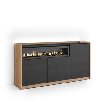 Skraut Home Skraut Home - Aparador Para Sal&oacute;n, Gran Capacidad De Almacenaje, 156x37x80cm, 3 Puertas, Chimenea El&eacute;ctrica, Led, Estilo Moderno, Negro Y Roble