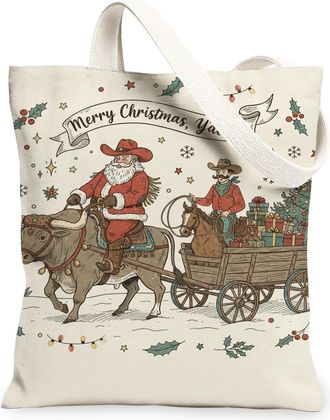 Generic Christmas Santa Canvas Tote Bags, Holiday Vintage Design Reusable Grocery Bags, Winter Lightweight Washable Shoulder Strap, Cream, 13x15 Inch