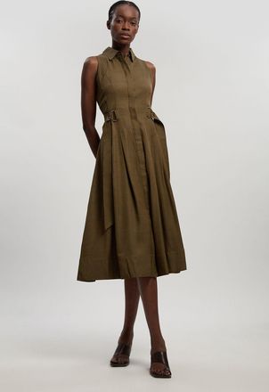 Karen Millen Womens Premium Viscose Linen Topstitch Halter Neck Woven Midi Dress With D Ring Detail - Khaki - Size 16 UK