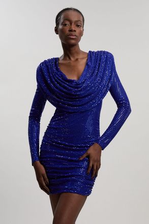 Karen Millen Womens Premium Crystal Embellished Jersey Cowl Neck Mini Dress - Blue - Size X-Small