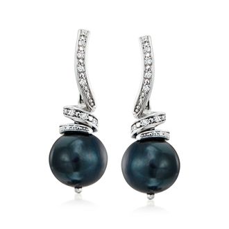 Ross-Simons 10-11mm Black Cultured Pearl and. Diamond Drop Earrings in Sterling Silver