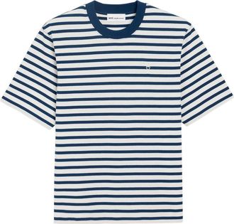 Ami Blue/White Cotton Striped Embroidered T-Shirt