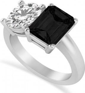 Allurez Emerald/Round Black & White Diamond Toi et Moi Ring 14k White Gold (4.50ct)