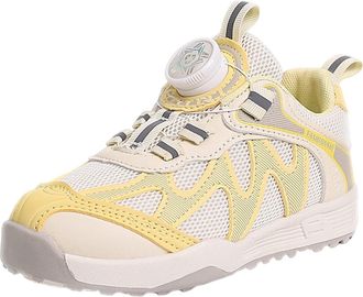 Generic Yellow Kids Rotating Buckle Trainers UK Size 10.5 Lace-Up School Shoes Outdoor Sports Trainers Breathable Mesh Kids Sneakers Thick Cushioned Insole Pu