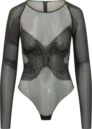 Elisabetta Franchi Bodysuit met lange mouwen van sheer tule - Dames - Bodies - Zwart - S - Tule - Tops