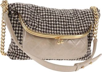 Chanel Tabatiere Kisslock Fold Over Bag Tweed With Quilted Calfskin Beige Tweed Bag (Pre-Owned)