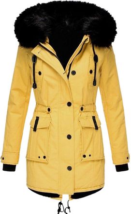 Generic Winter Coats for Women UK Thermal Fleece Lined Thickened Coats with Faux Fur Hood Full Zip Padded Puffer Coat Warm Soft Plush Parka Jackets(Light Yell