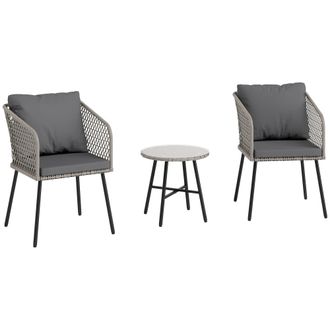 OUTSUNNY 3 Piece Rattan Bistro Set with Cushions - Grey | TJ Hughes