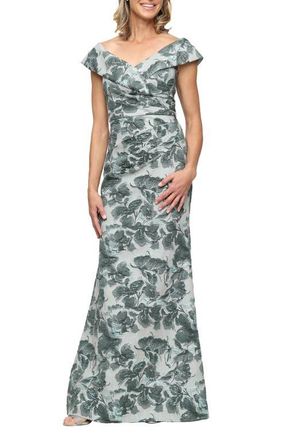 Alex Evenings Floral Jacquard Ruched Off the Shoulder Gown in Sage at Nordstrom, Size 12P