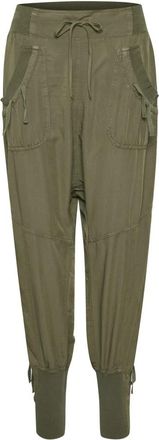 Cream Khaki Elastische Taille Broek met Geribbelde Zoom - Dames - Straight fit broeken - Groen - 3XL - Polyester - Broeken