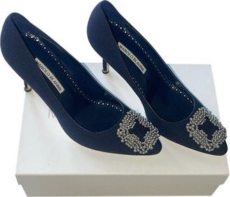 Manolo Blahnik Navy Linen Pearl Buckle 90mm Hangisi Pumps Size 39