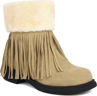 Generic Womens Low Block Heel Winter Ankle Snow Boots Tassels Faux Fur Trim Decor Slip On Comfort Warm Outdoor Shoes (Beige,7.5)