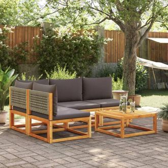 vidaXL Conjunto De Sof&aacute; De Jard&iacute;n De 5 Piezas Con Cojines De Madera De Acacia Y Rat&aacute;n Vidaxl