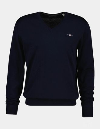 GANT Mens GANT Mens Classic Cotton Shield Logo V-Neck Jumper - 433 Evening Blue - Navy - Size: 40