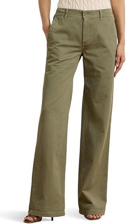 Lauren Ralph Lauren Cotton Twill Wide Leg Pants Womens Clothing Sage Green : 8 31.5