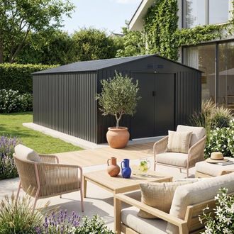 Sweeek Caseta de jard&iacute;n de acero galvanizado con kit de anclaje, 15,35m&sup2;