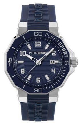 Plein Sport Titan Silicone Band Watch, 44mm in Stainless Steel/Blue at Nordstrom Rack