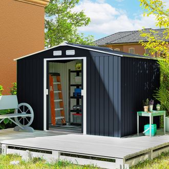 OUTSUNNY Garden Shed Storage Unit w/ Locking Door Floor Foundation Vent in Light Grey