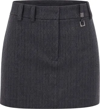 Patrizia Pepe Fitted Mini Skirt in Grey Herringbone with Metal Logo Charm