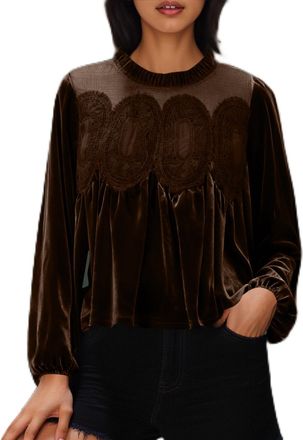Generic Womens Fashion Velvet Tops Lace Trim Patchwork Velour Blouses Dressy Casual Long Sleeve Round Neck Evening Shirt Coffee