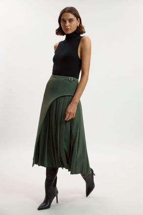 Karen Millen Womens Tailored Buckle Detail Pleated Midi Skirt - Khaki - Size 14 UK