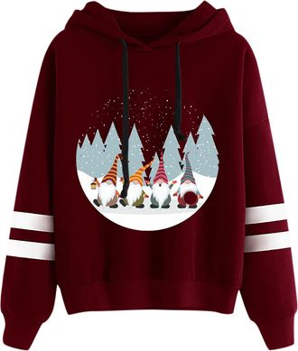 Generic Christmas Jumpers for Women UK Xmas Dwarf Gonk Print Hoodies Casual Soft Comfy Lightweight Long Sleeves Going Out Hooded Sweatshirts