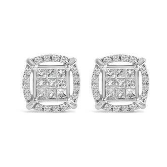 House of Brilliance Sterling Silver 1 Cttw Princess Cut Diamond Square Halo Stud Earrings at Nordstrom