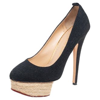 Charlotte Olympia Black Canvas Dolores Espadrille Platform Ankle-Strap Pumps