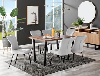 Furniturebox Kylo Large Brown Wood Effect Dining Table & 6 Nora Black Leg Velvet Chairs in Light Grey