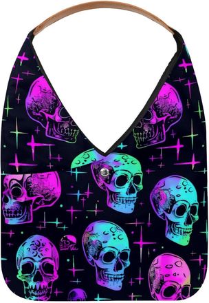 Generic Neon Skull Head Pattern Reusable Lightweight Grocery Bags - Foldable Into Compact Pouch, Washable & Sturdy, Multipurpose for Shopping and Travel