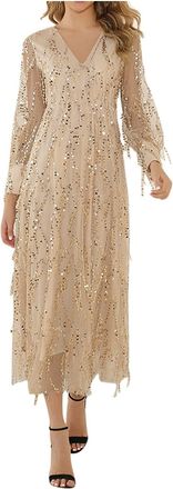 Generic Party Dresses for Women UK Elegant | Sexy Long Sleeve Fringed Sequins Dress V-Neck Chiffon Wrapped Cocktail Work Dress A Line Flowy Long Evening Dress