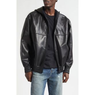 Amiri Oversize Hooded Lambskin Leather Zip Jacket in Black at Nordstrom, Size 44 Us