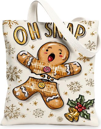 Generic Gingerbread Festive Canvas Tote Bags, Holiday Biscuits Pattern Reusable Grocery Bags, Winter Joyful Lightweight Washable Sh, White, 13x15 Inch