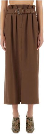 Dries Van Noten High-Waisted Geplooide Midi Rok met Riem - Dames - Wijde Broeken - Bruin - S - Leer - Broeken