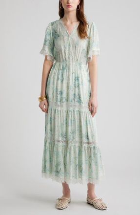 Treasure & Bond Garden Lace Trim Tiered Maxi Dress in Blue Wallpaper Collage at Nordstrom, Size Xx-Large