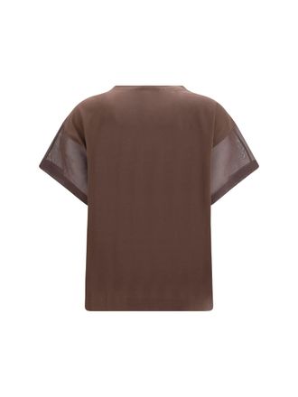 Brunello Cucinelli Womens Cotton T-Shirt With Sheer Sleeves And Side Panels Dark Brown T-Shirts Polos