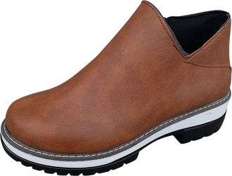 Generic Ladies Solid Color Leather Side Zip Round Toe Chunky Heel Short Boots Rubber Sole Boots Women High Heel (Brown, 6.5)